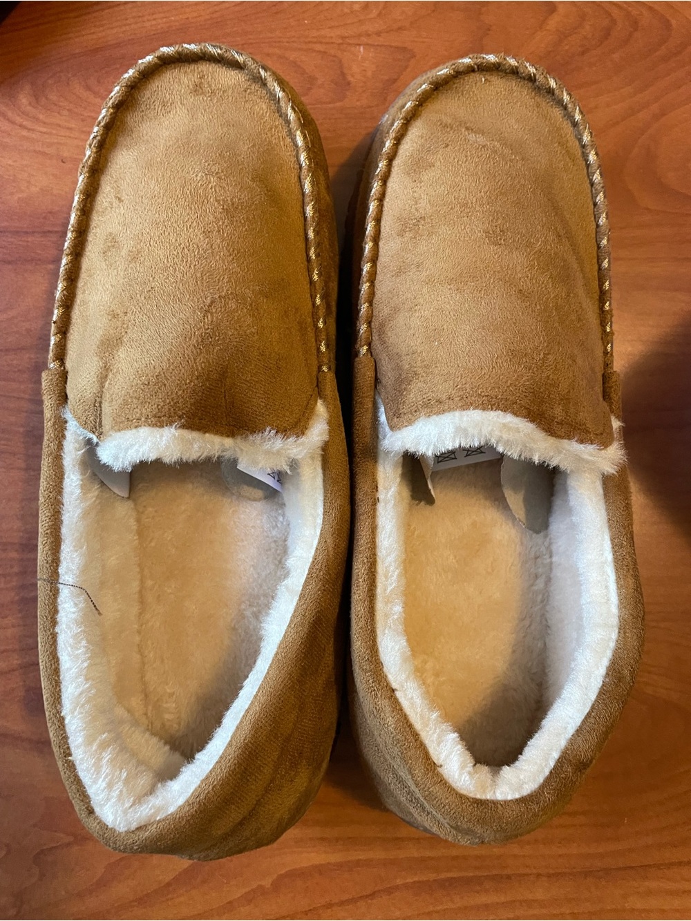 Cozy Tan Faux-Suede Lined Slippers/Moccasins